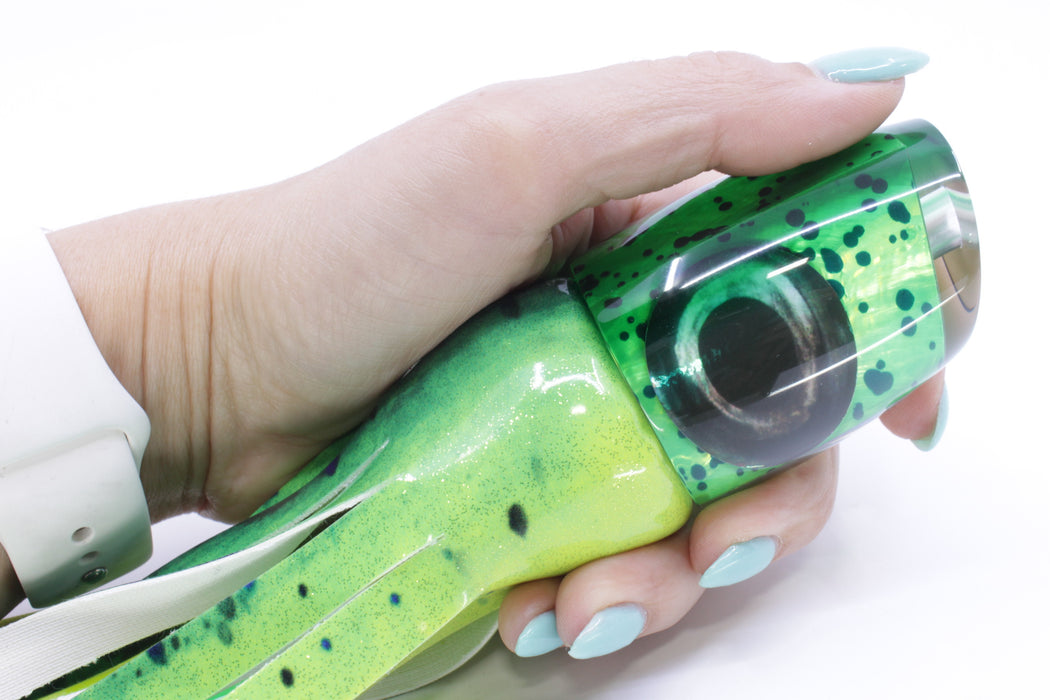 Moyes Lures Mahi MOP Green Back Large J-Boy 14" 7.5oz Fire Tailz Vinyl Mahi