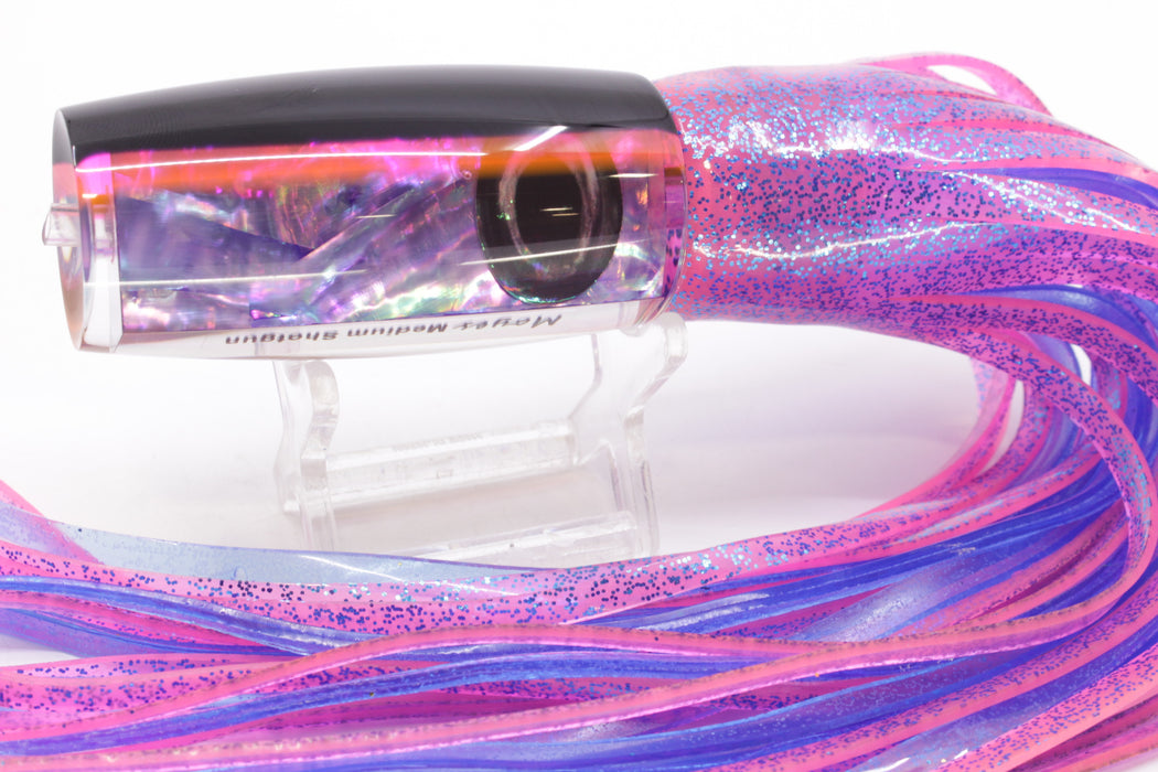 Moyes Lures Rainbow MOP Black-Pink Back Medium Shotgun 10" 6.2oz Skirted Pink/Blue