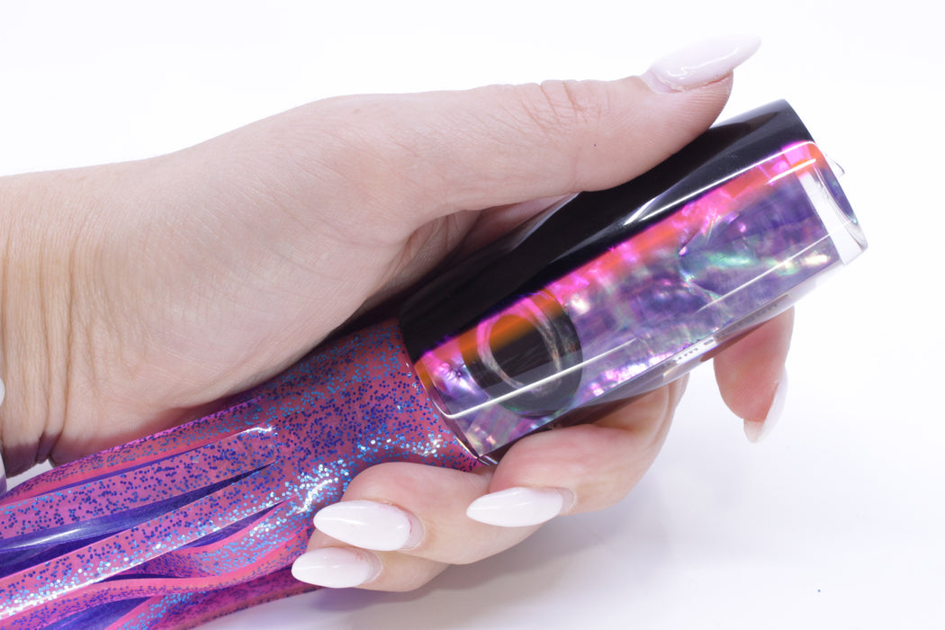 Moyes Lures Rainbow MOP Black-Pink Back Medium Shotgun 10" 6.2oz Skirted Pink/Blue