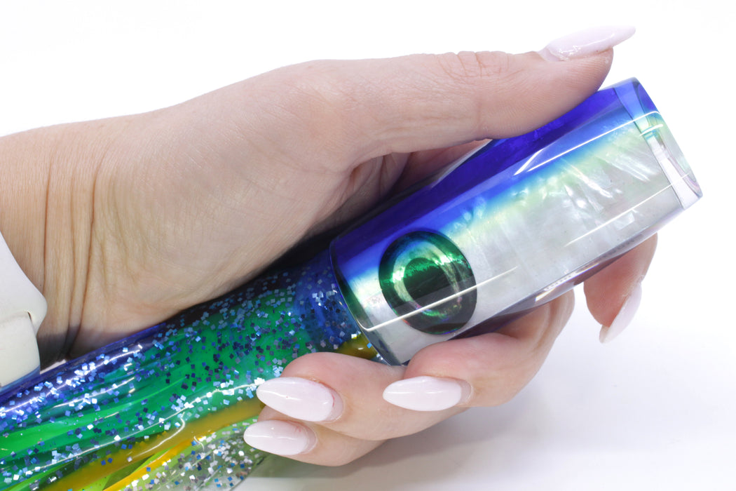 Moyes Lures White MOP Blue-Yellow Back Medium Shotgun 10" 6.2oz Skirted Blue-Silver