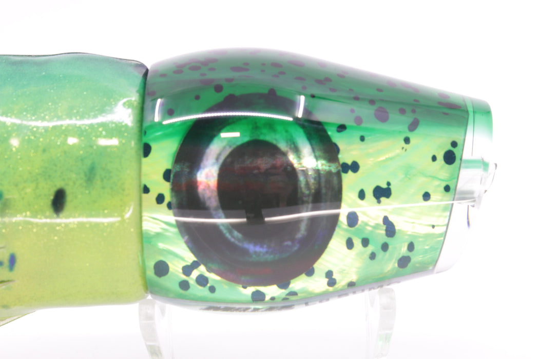 Moyes Lures Mahi MOP Green Back Taxi Eyes Large Sumo 14" 10.3oz Fire Tailz Vinyl Mahi