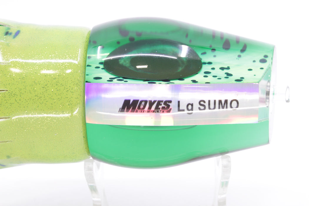 Moyes Lures Mahi MOP Green Back Taxi Eyes Large Sumo 14" 10.3oz Fire Tailz Vinyl Mahi