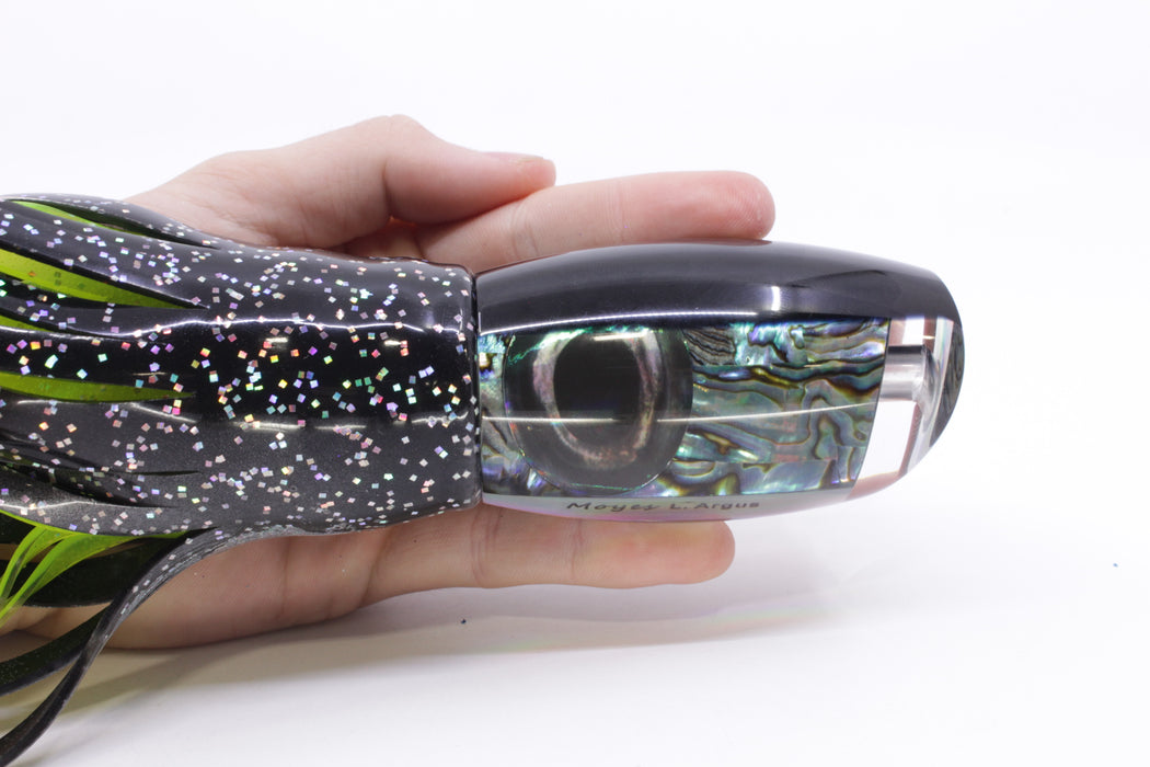 Moyes Lures Paua Shell Black Back Taxi Eyes Large Argus 14" 10oz Skirted Black/Rainbow