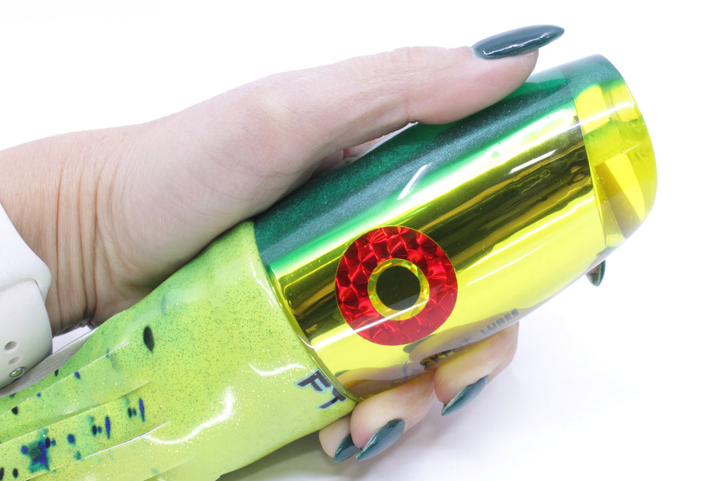 Jackpot Lures Yellow Chrome Green Back Cameltoe 14" 10.6oz Fire Tailz Vinyl Mahi