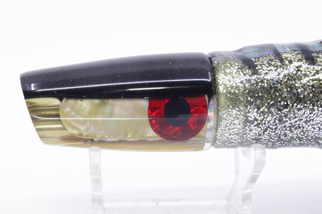 Coggin Lures Golden MOP Black Back 4-Hole Small Slant 9" 5oz Skirted Yellow Aurora