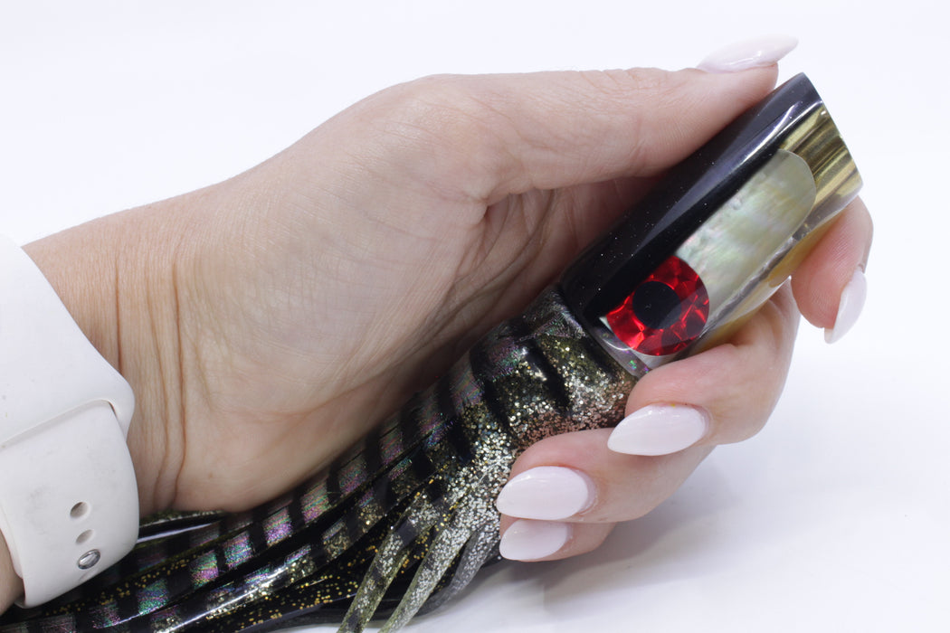 Coggin Lures Golden MOP Black Back 4-Hole Small Slant 9" 5oz Skirted Yellow Aurora