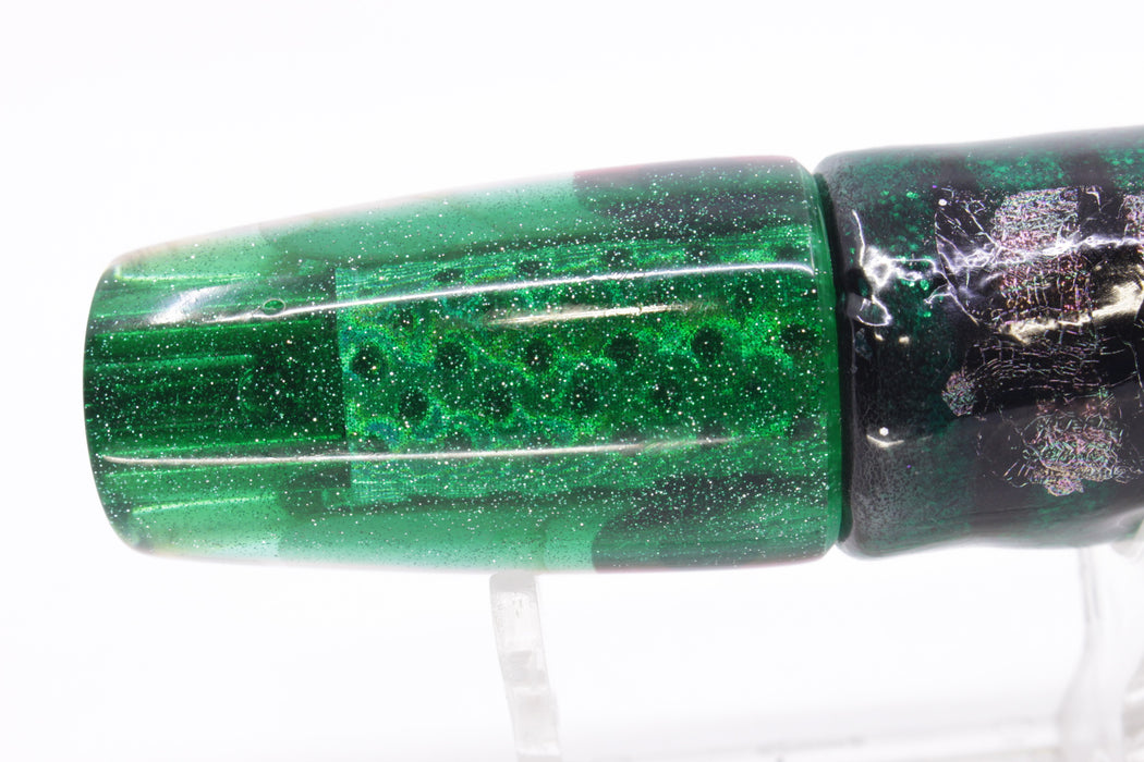 Coggin Lures White MOP Green Back 4-Hole Small Slant 9" 5oz Skirted Green Aurora