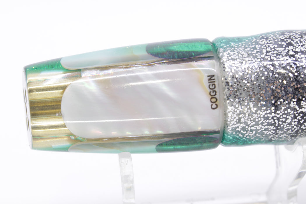 Coggin Lures White MOP Green Back 4-Hole Small Slant 9" 5oz Skirted Green Aurora
