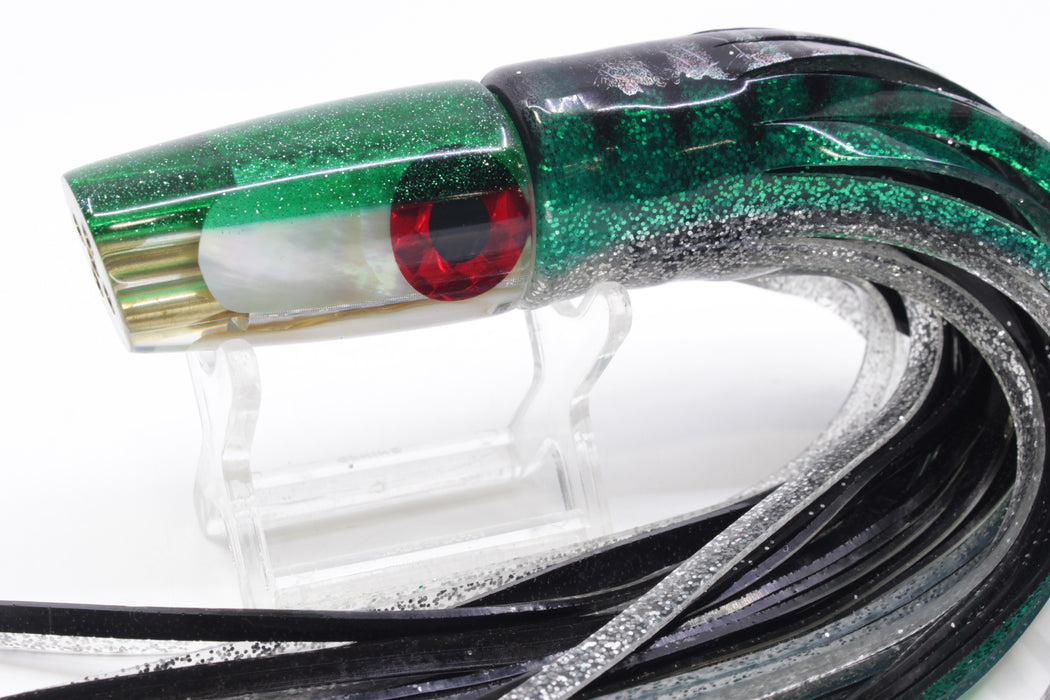 Coggin Lures White MOP Green Back 4-Hole Small Slant 9" 5oz Skirted Green Aurora