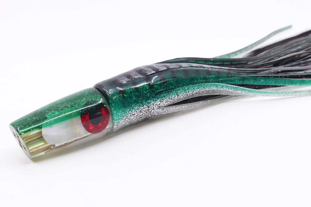 Coggin Lures White MOP Green Back 4-Hole Small Slant 9" 5oz Skirted Green Aurora