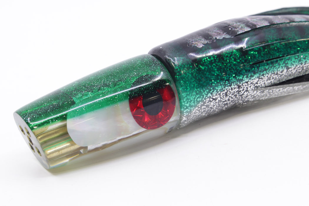 Coggin Lures White MOP Green Back 4-Hole Small Slant 9" 5oz Skirted Green Aurora