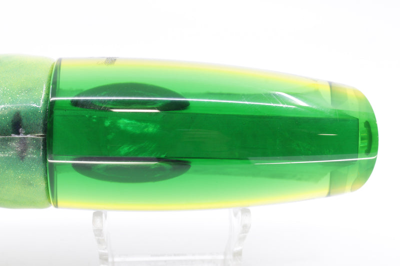 Moyes Lures White MOP Green-Yellow Back Large Plunger 14" 11oz Fire Tailz Vinyl Mahi