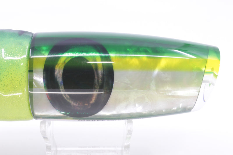 Moyes Lures White MOP Green-Yellow Back Large Plunger 14" 11oz Fire Tailz Vinyl Mahi