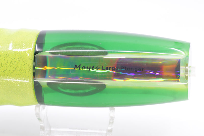 Moyes Lures White MOP Green-Yellow Back Large Plunger 14" 11oz Fire Tailz Vinyl Mahi
