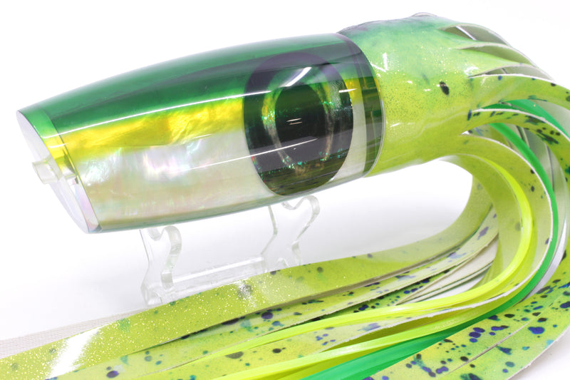 Moyes Lures White MOP Green-Yellow Back Large Plunger 14" 11oz Fire Tailz Vinyl Mahi