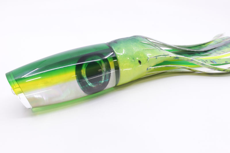 Moyes Lures White MOP Green-Yellow Back Large Plunger 14" 11oz Fire Tailz Vinyl Mahi