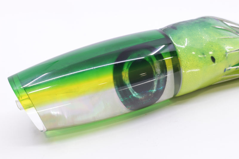 Moyes Lures White MOP Green-Yellow Back Large Plunger 14" 11oz Fire Tailz Vinyl Mahi