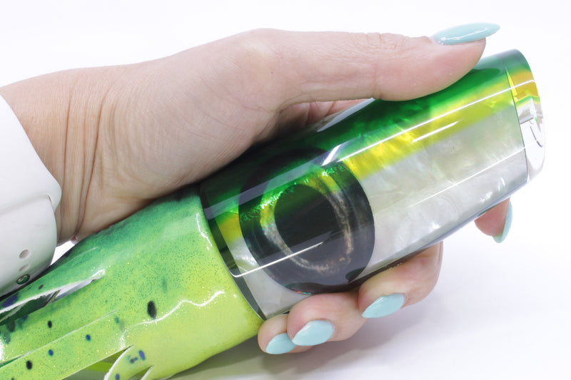 Moyes Lures White MOP Green-Yellow Back Large Plunger 14" 11oz Fire Tailz Vinyl Mahi