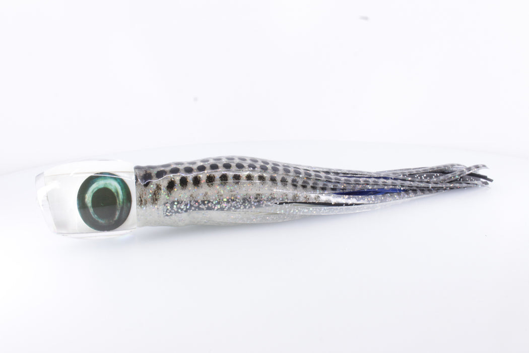 Moyes Lures White MOP Clear Back Small Blaster 9" 4.5oz Skirted Silver-Black Dots