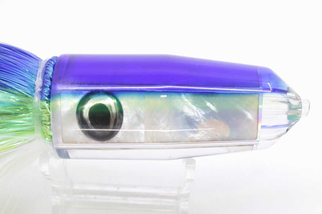 Moyes Lures White MOP Blue-Yellow Back 4-Hole Medium Sicario Bullet 10" 7.1oz Strobez