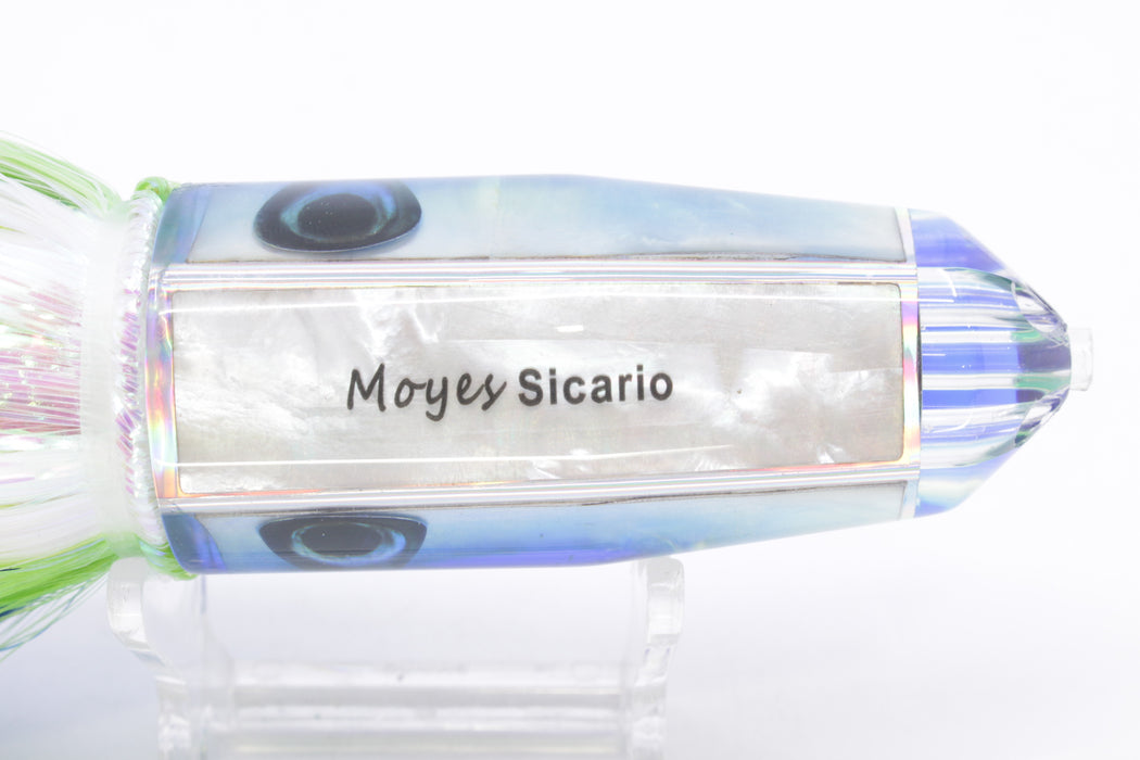 Moyes Lures White MOP Blue-Yellow Back 4-Hole Medium Sicario Bullet 10" 7.1oz Strobez