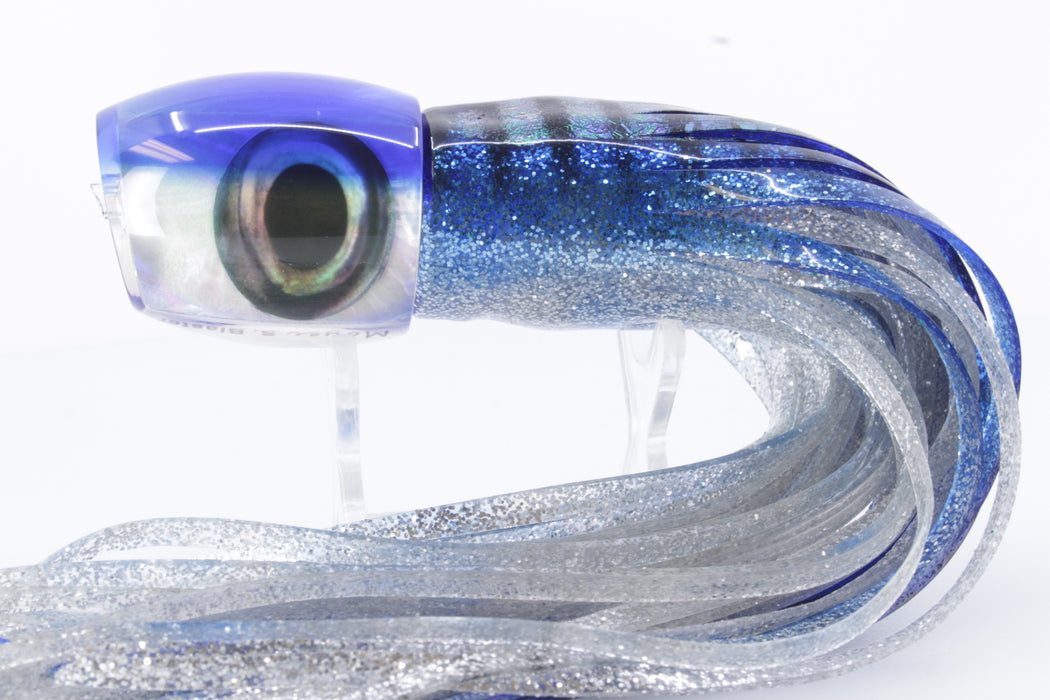 Moyes Lures White MOP Blue Back Small Blaster 9" 4.5oz Skirted Blue-Silver