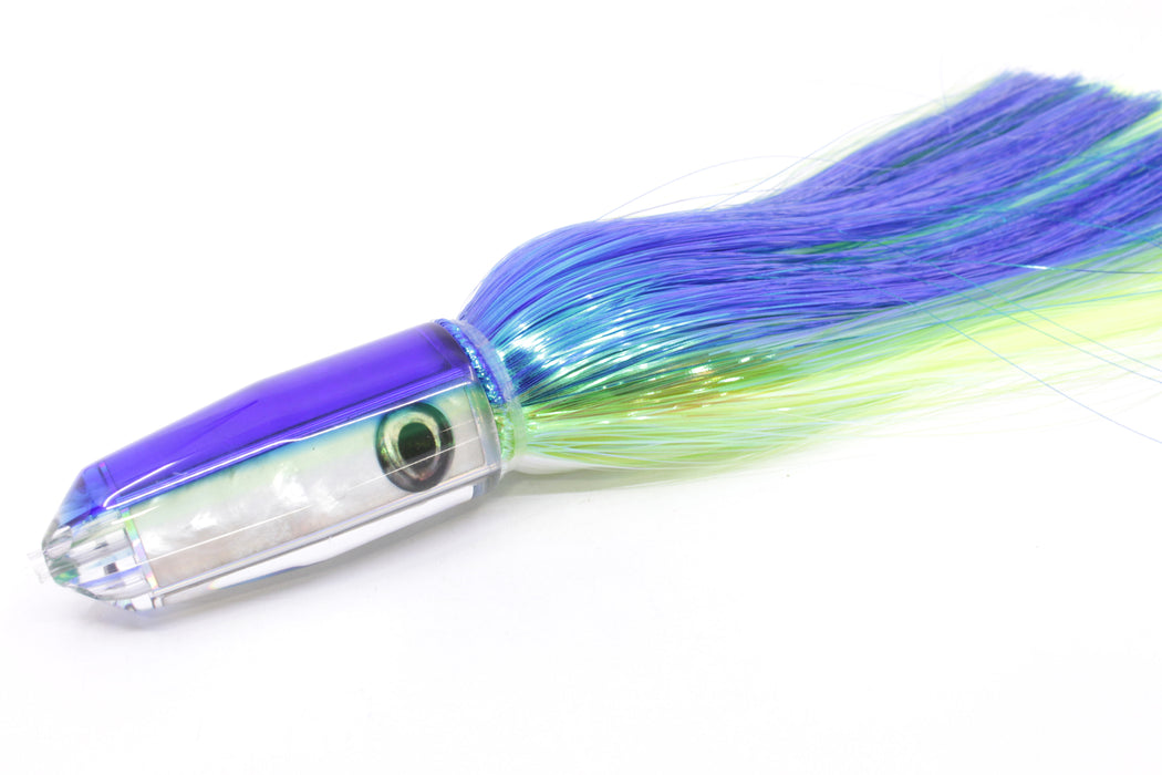 Moyes Lures White MOP Blue-Yellow Back 4-Hole Medium Sicario Bullet 10" 7.1oz Strobez