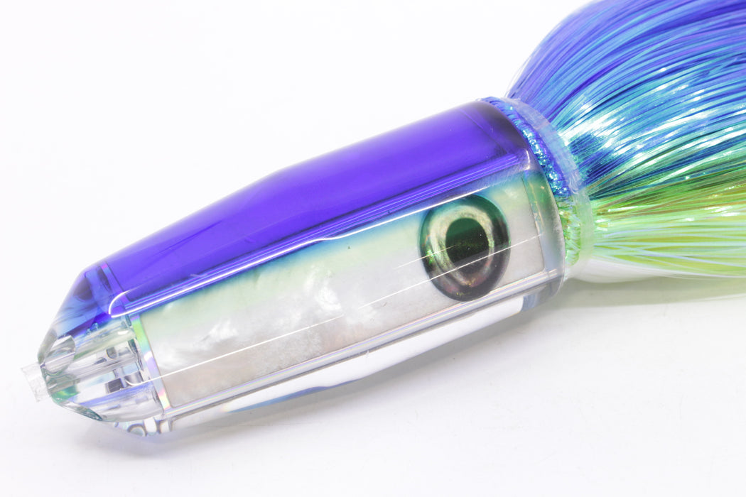 Moyes Lures White MOP Blue-Yellow Back 4-Hole Medium Sicario Bullet 10" 7.1oz Strobez