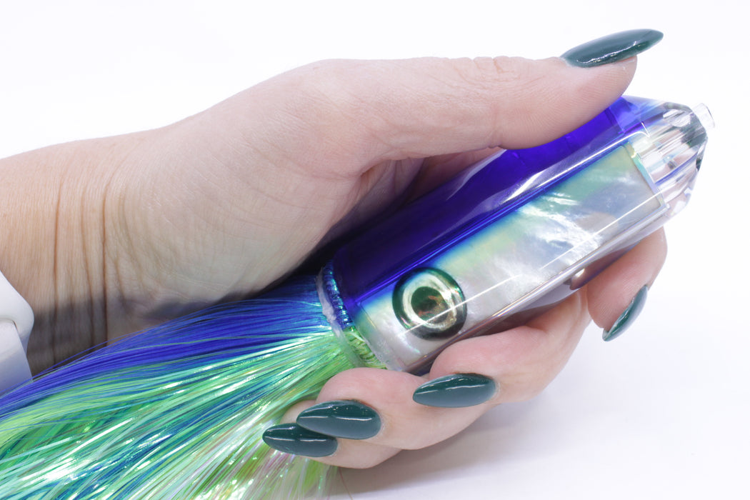 Moyes Lures White MOP Blue-Yellow Back 4-Hole Medium Sicario Bullet 10" 7.1oz Strobez