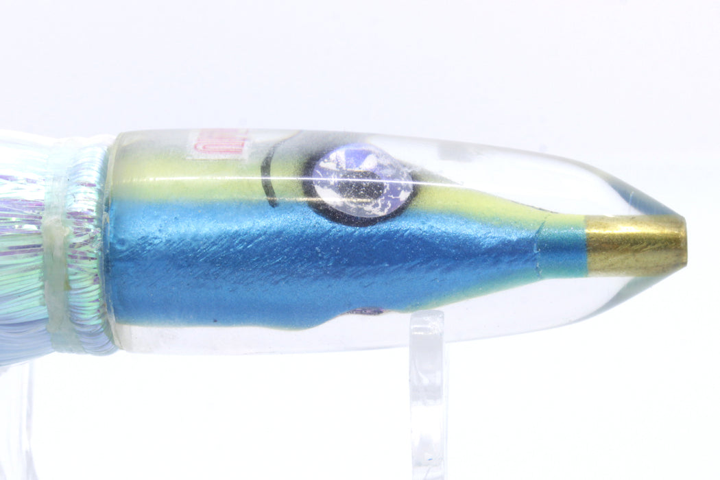 Tsutomu Lures Blue-Yellow Fish Head Poke Bullet 6" 2.8oz Flashabou Ice Blue-White