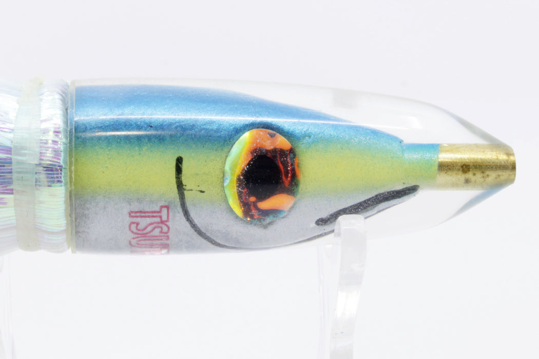 Tsutomu Lures Blue-Yellow Fish Head Poke Bullet 6" 2.8oz Flashabou Ice Blue-White