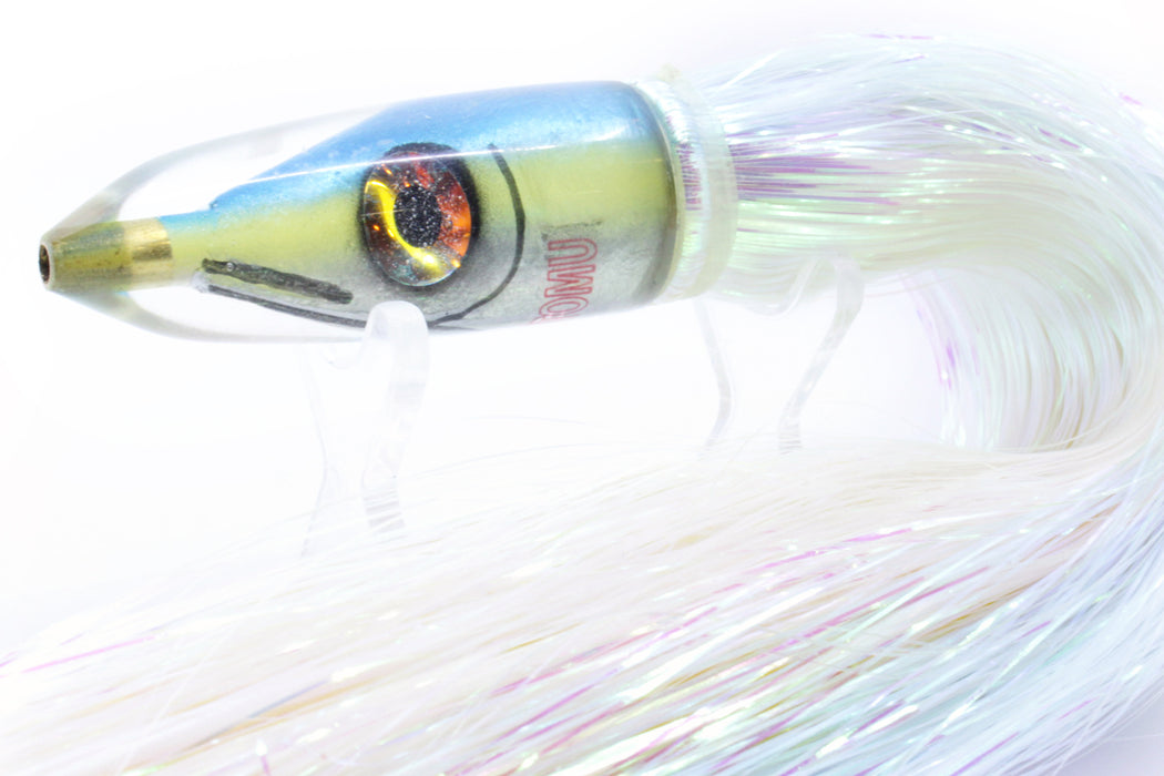 Tsutomu Lures Blue-Yellow Fish Head Poke Bullet 6" 2.8oz Flashabou Ice Blue-White