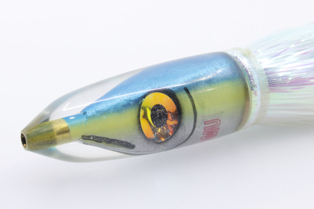 Tsutomu Lures Blue-Yellow Fish Head Poke Bullet 6" 2.8oz Flashabou Ice Blue-White