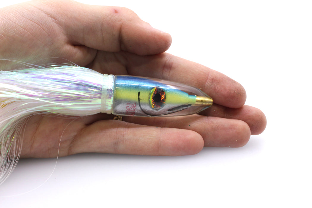 Tsutomu Lures Blue-Yellow Fish Head Poke Bullet 6" 2.8oz Flashabou Ice Blue-White