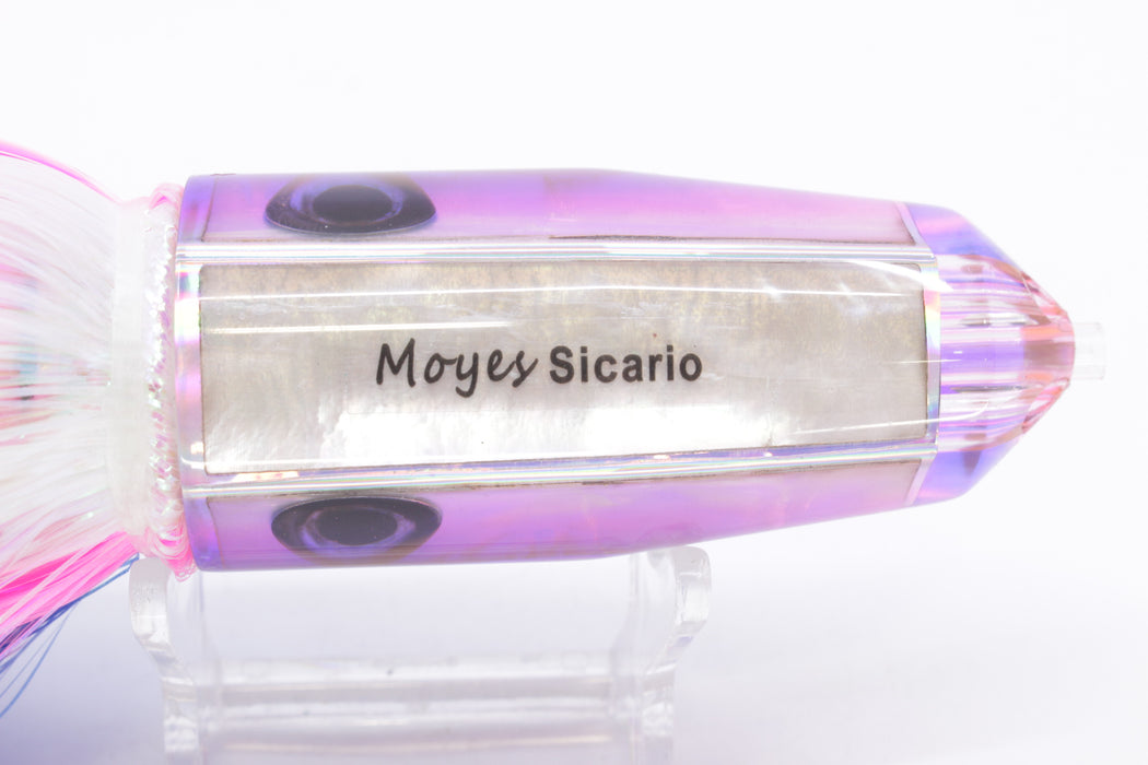 Moyes Lures White MOP Blue-Pink Back 4-Hole Medium Sicario Bullet 10" 7.1oz Strobez