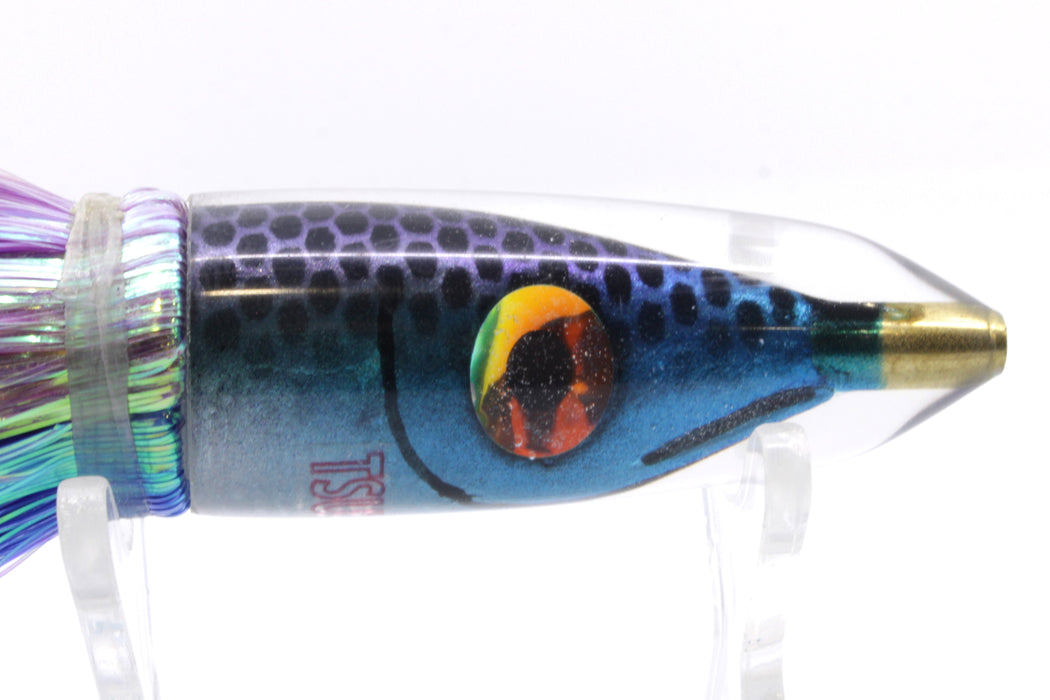 Tsutomu Lures "Blue Steel" Fish Head Poke Bullet 6" 2.8oz Flashabou Purple-Dark Blue