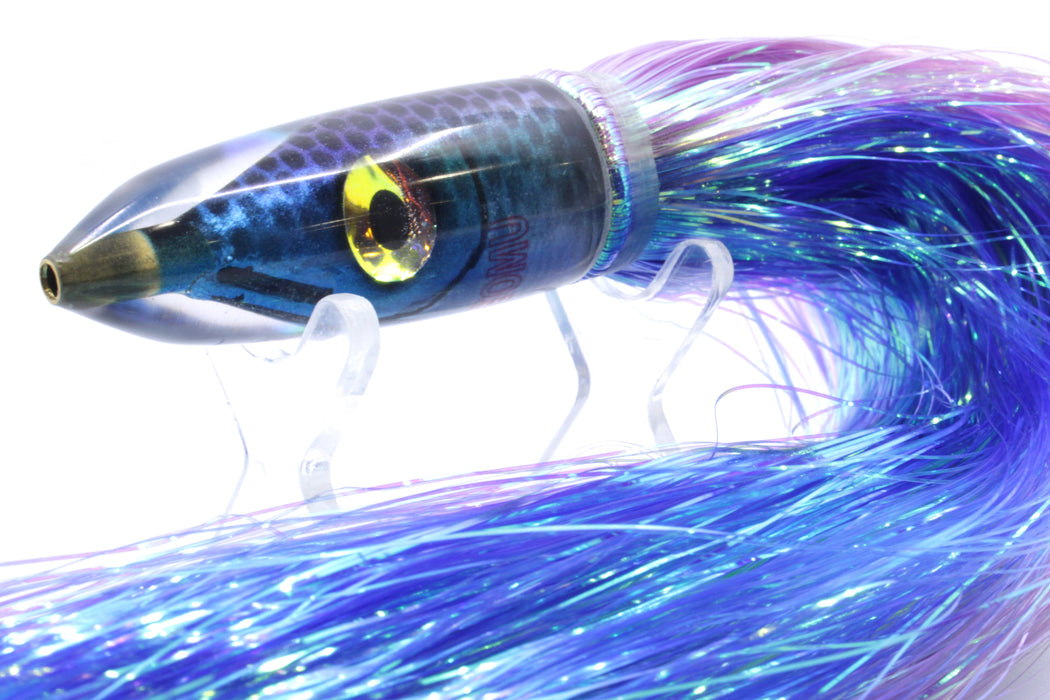 Tsutomu Lures "Blue Steel" Fish Head Poke Bullet 6" 2.8oz Flashabou Purple-Dark Blue