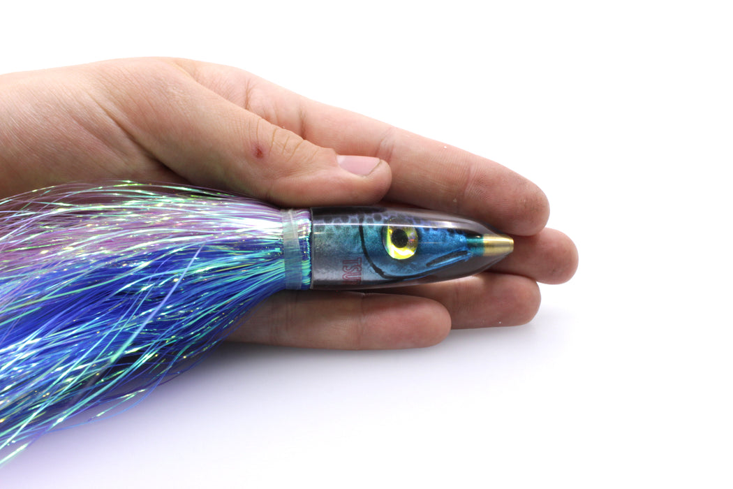 Tsutomu Lures "Blue Steel" Fish Head Poke Bullet 6" 2.8oz Flashabou Purple-Dark Blue