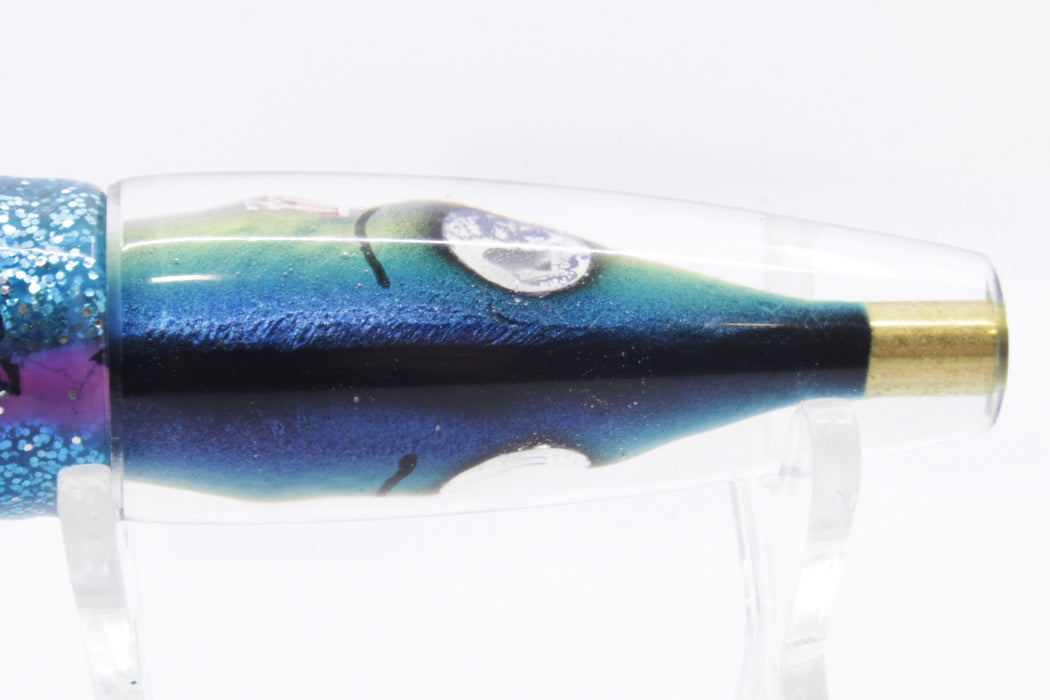 Tsutomu Lures Black-Blue-Yellow Fish Head Poke Invert 6" 3.2oz Skirted Pink Line