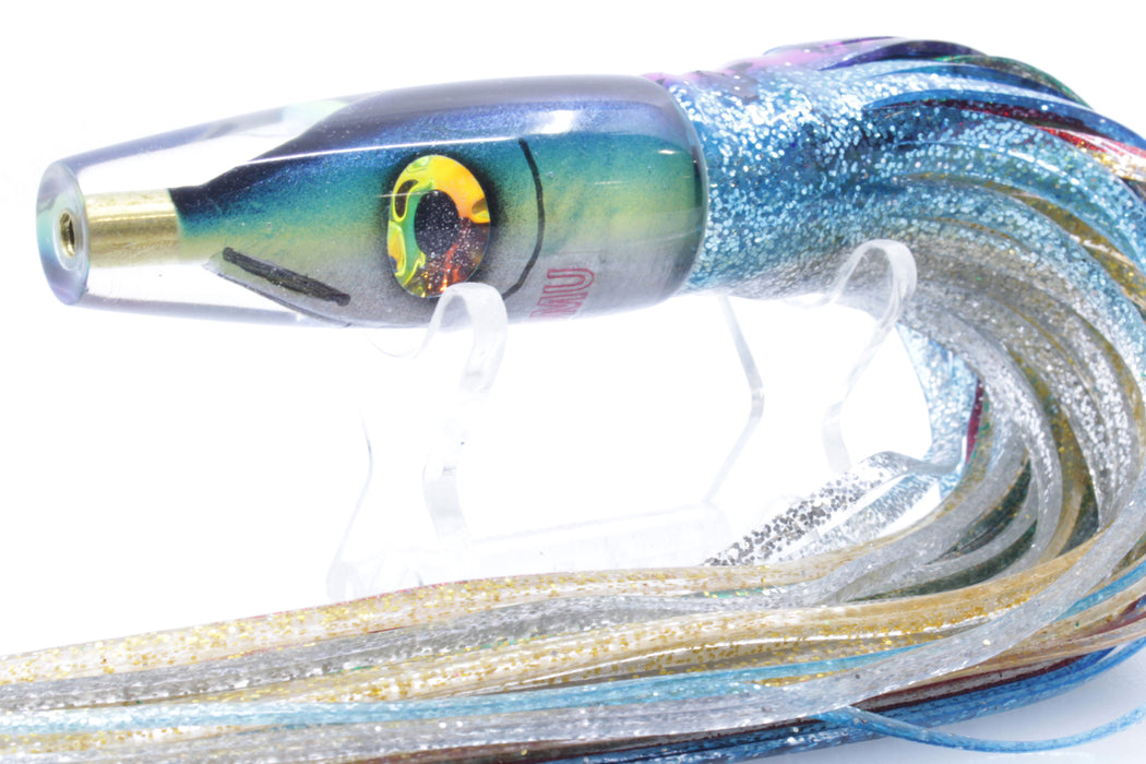 Tsutomu Lures Black-Blue-Yellow Fish Head Poke Invert 6" 3.2oz Skirted Pink Line