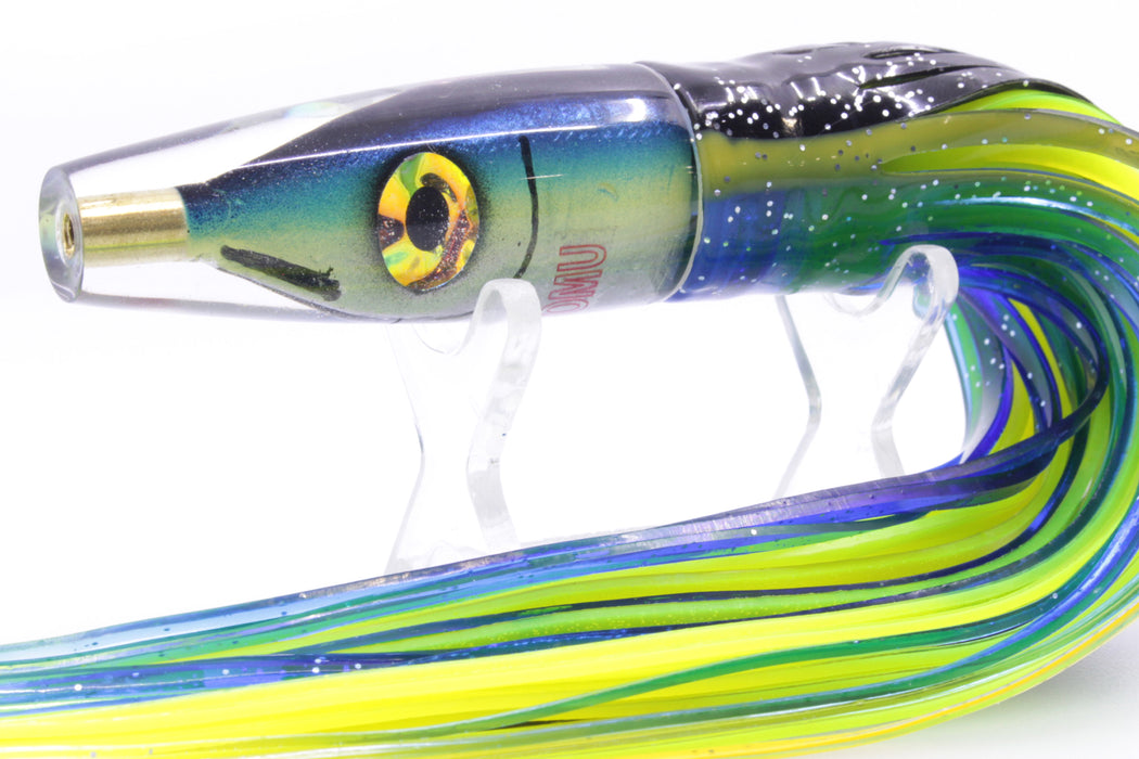 Tsutomu Lures Black-Blue-Yellow Fish Head Poke Invert 6" 3.2oz Skirted Black-Blue